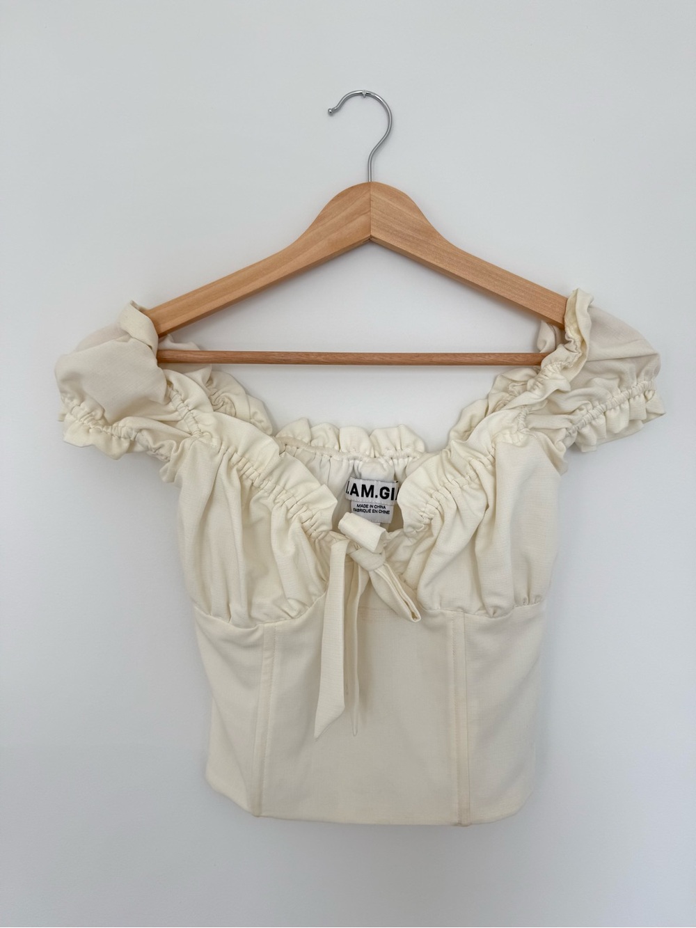 I.AM.GIA Cream Off-Shoulder Tie Bustier Top